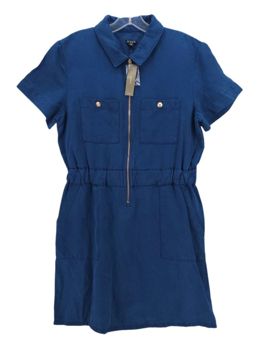 NWT J CREW Blue Zip Front Denim Dress Smocked Waist 100% Tencel Lyocell Size 8